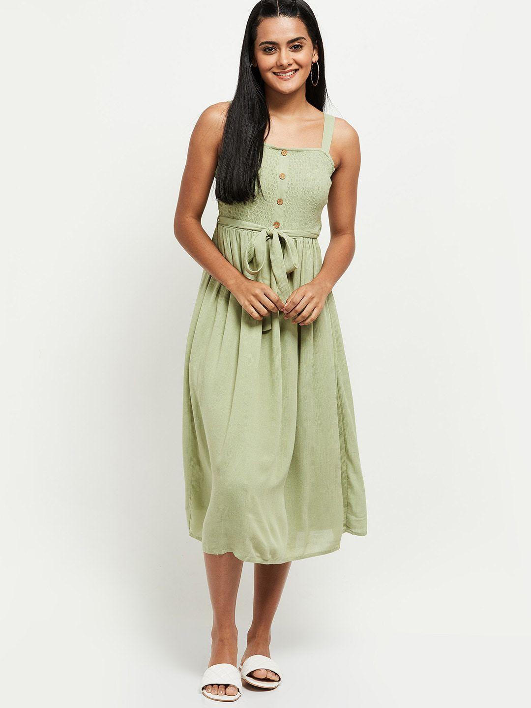 max green smoked detail square neck midi dress