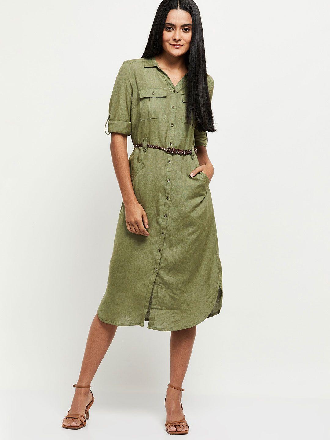 max olive green solid shirt style midi dress