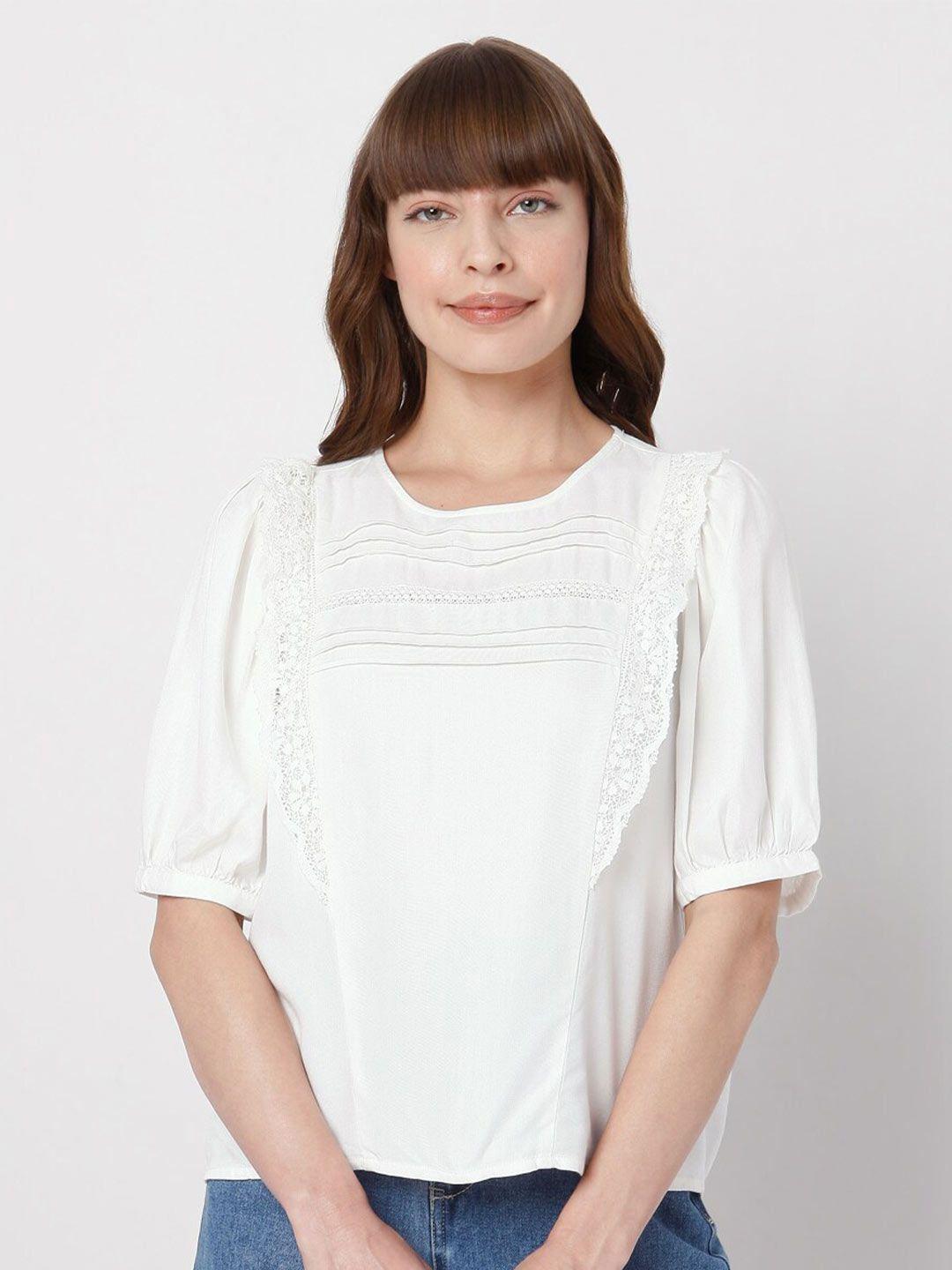 vero moda white round neck lace insert top