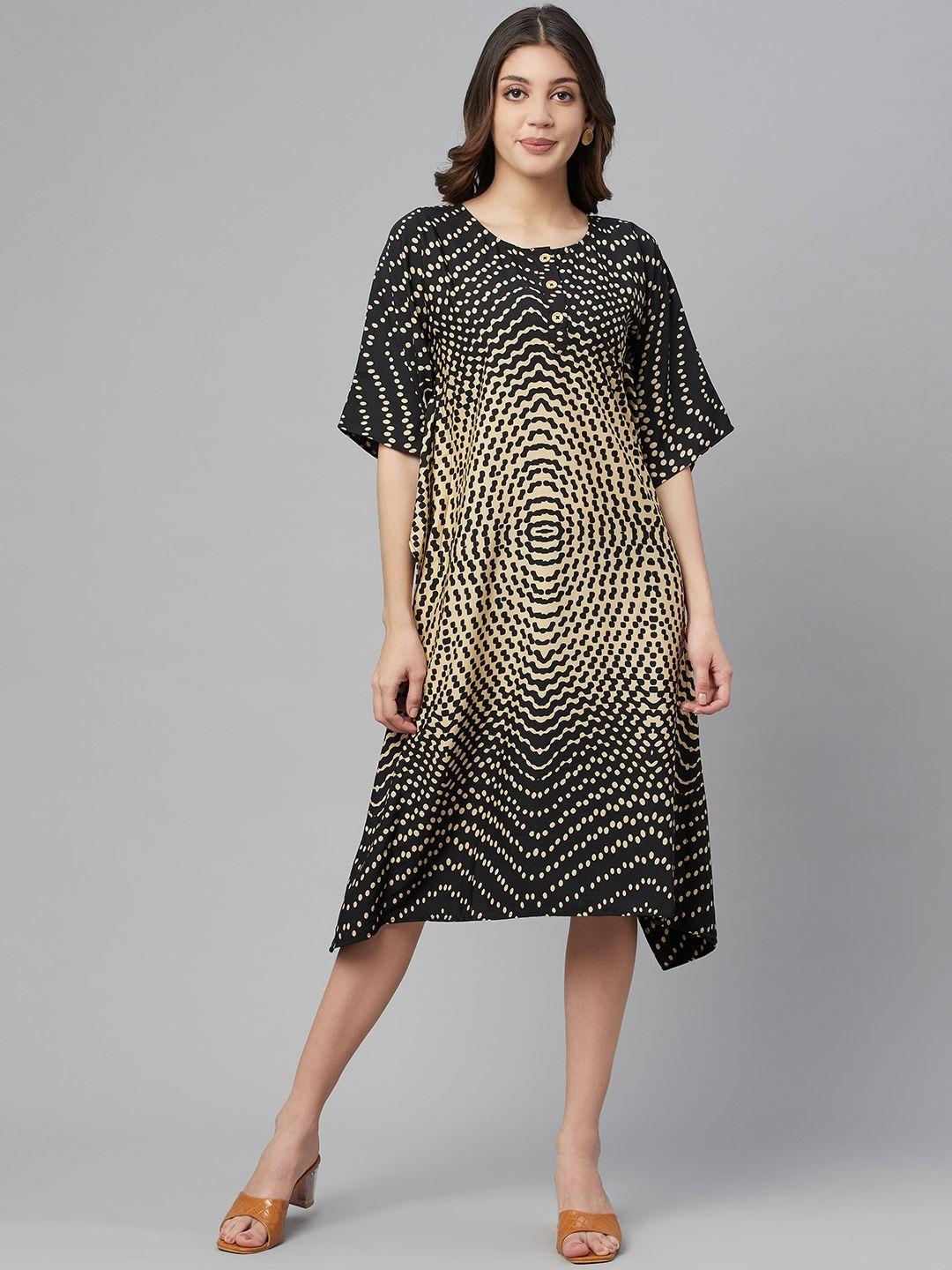 cottinfab women black & beige printed kaftan midi dress