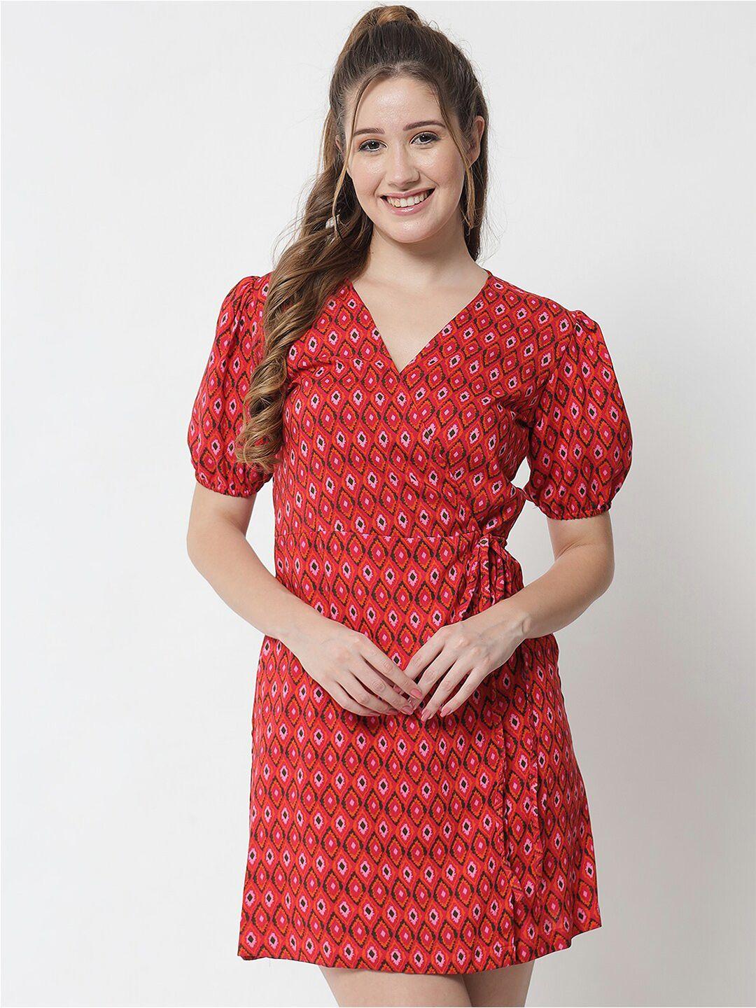 trend arrest red geometric printed wrap dress