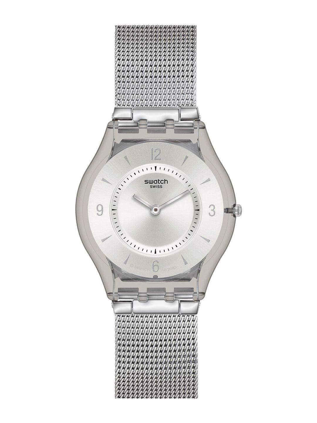 swatch unisex embellished dial & stainless steel bracelet style straps analogue watch ss08m100m