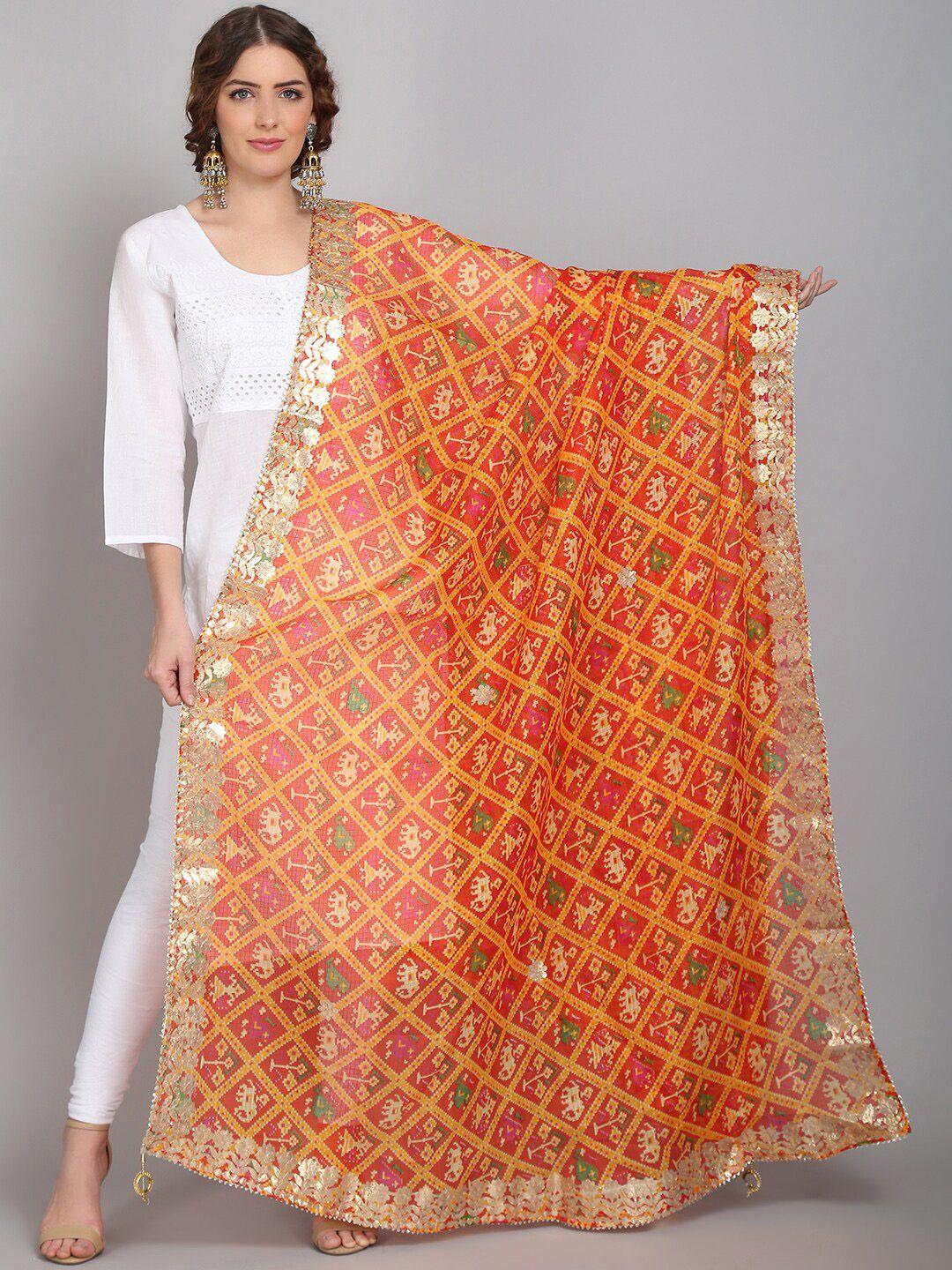 soundarya orange & green printed pure cotton dupatta with gotta patti