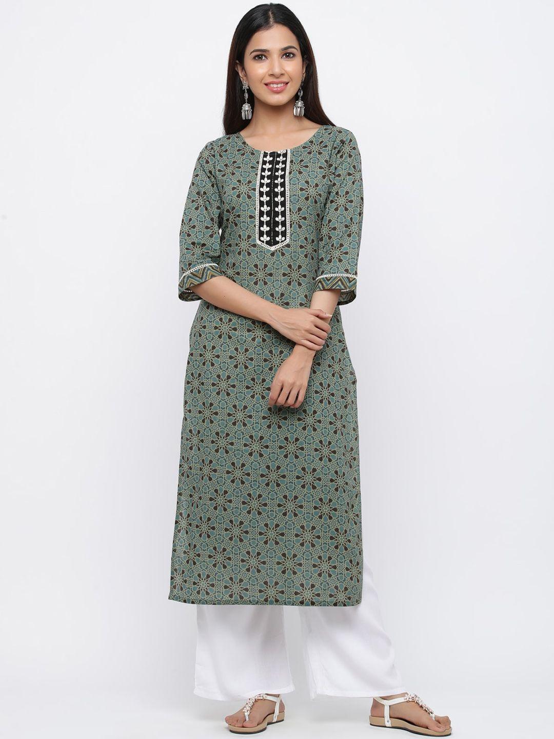 jaipur kurti women green & black geometric printed thread work kurta