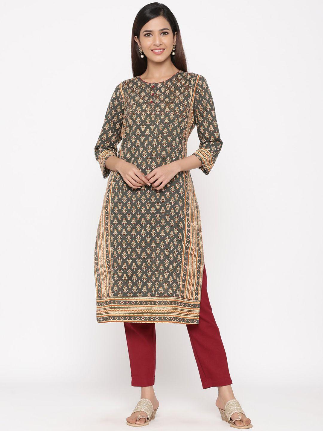 jaipur kurti women charcoal & maroon floral kurta