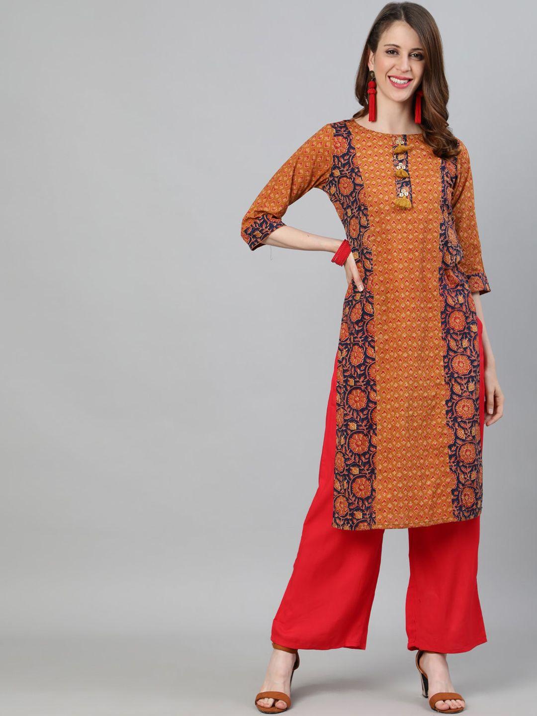 jaipur kurti women mustard yellow floral printed panelled pure cotton kurta with palazzos