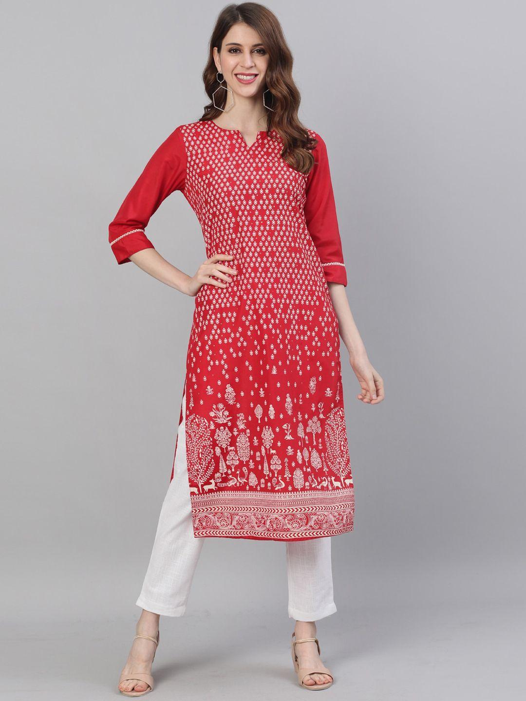 jaipur kurti women red & white printed kurta with trousers