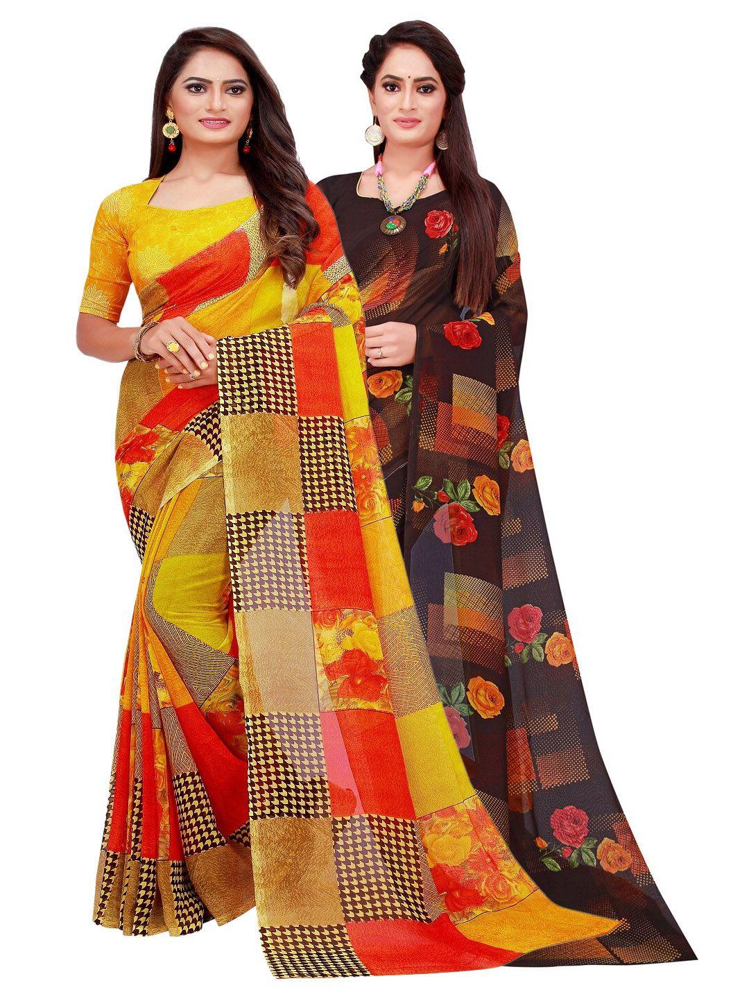 florence black & mustard pack of 2 printed pure georgette saree