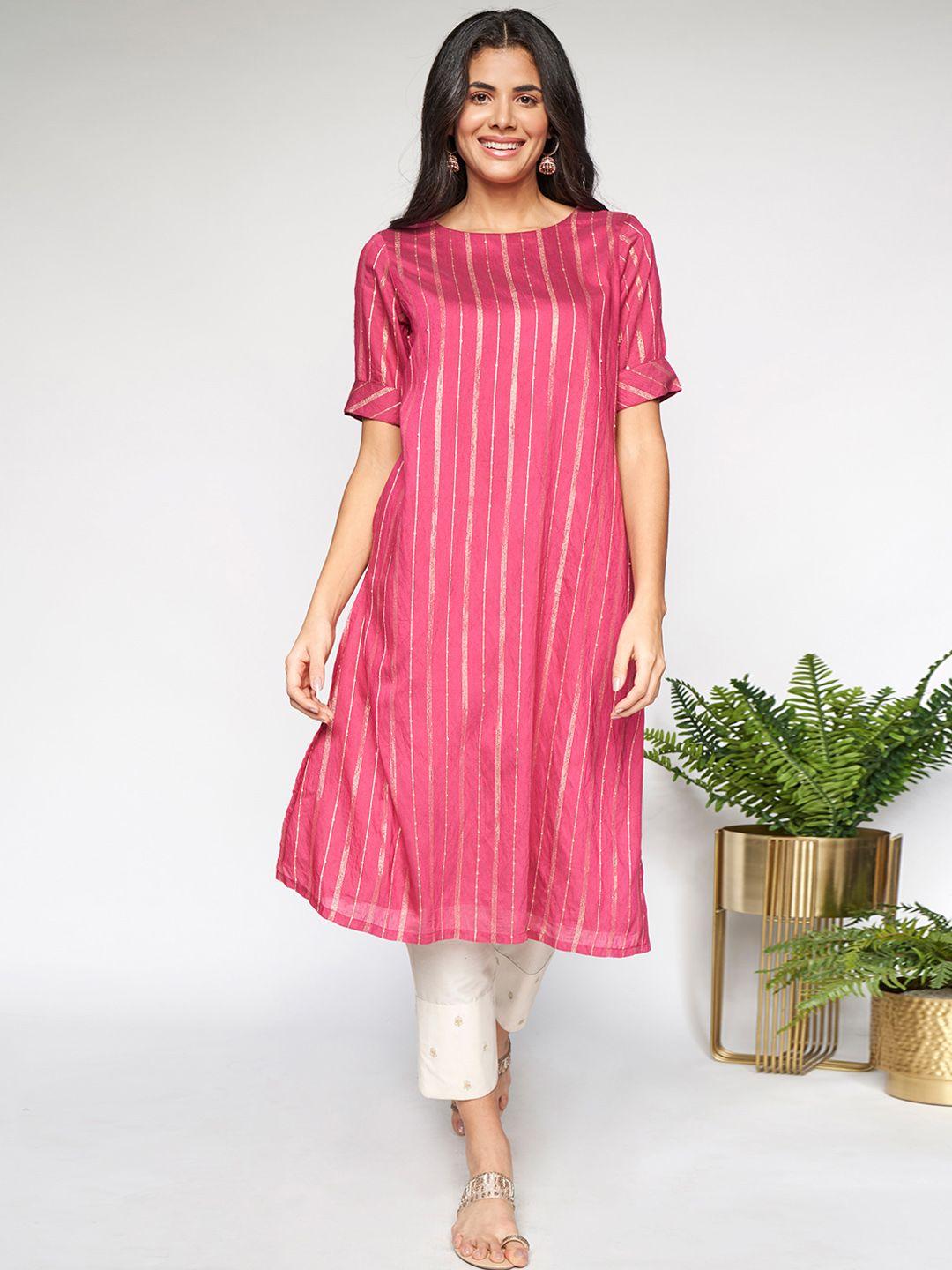 itse women pink striped thread work kurta