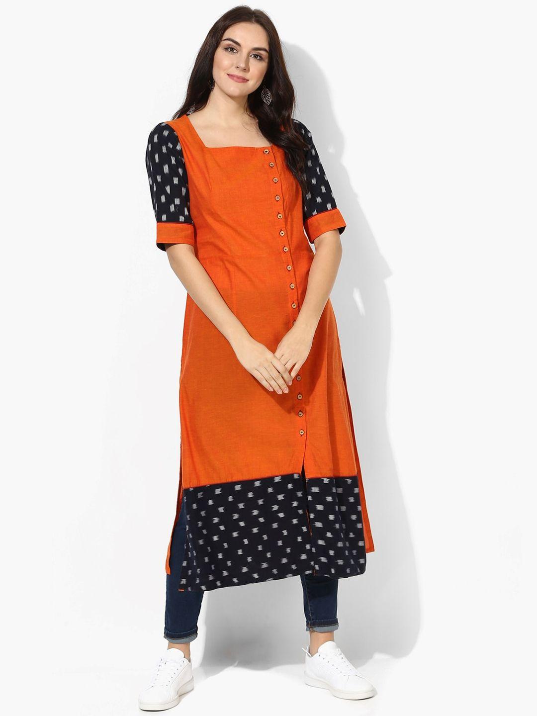 indian dobby women rust & navy blue pure cotton kurta