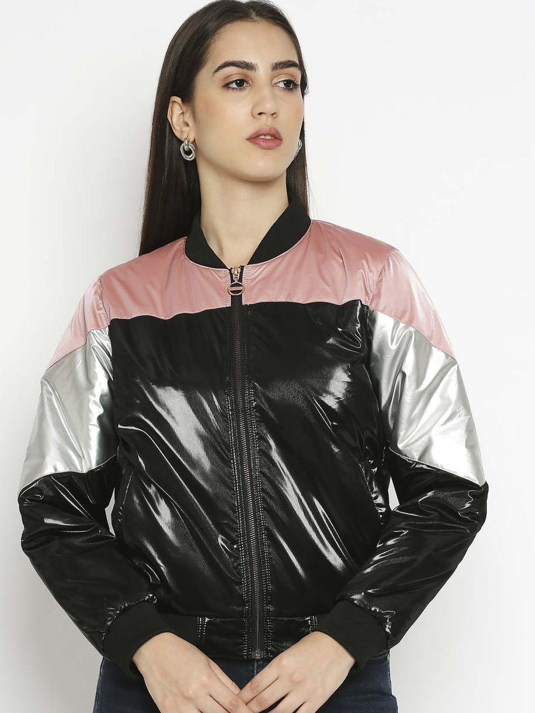 pepe jeans women black pink colourblocked mandarin collar bomber jacket