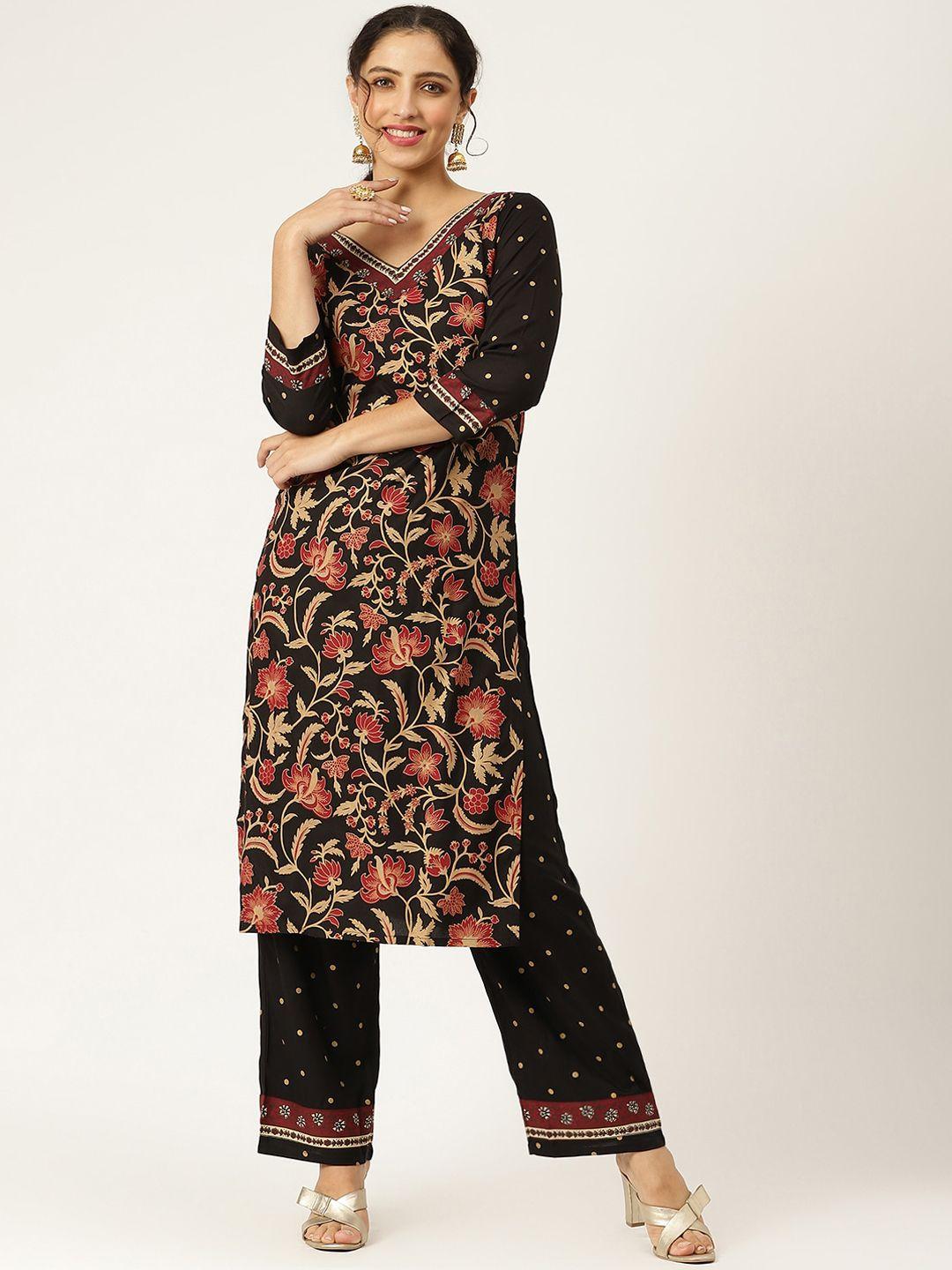 rustorange women black ethnic motifs printed kurta with trousers