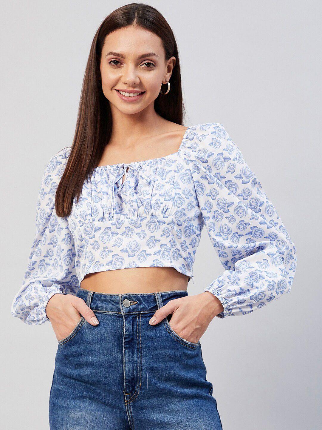 rare white & blue floral print crepe cinched waist crop top