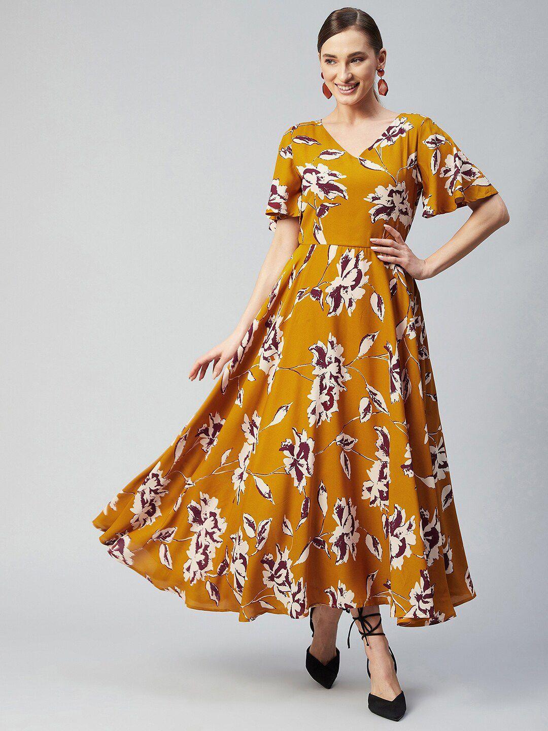 rare mustard yellow floral crepe maxi dress