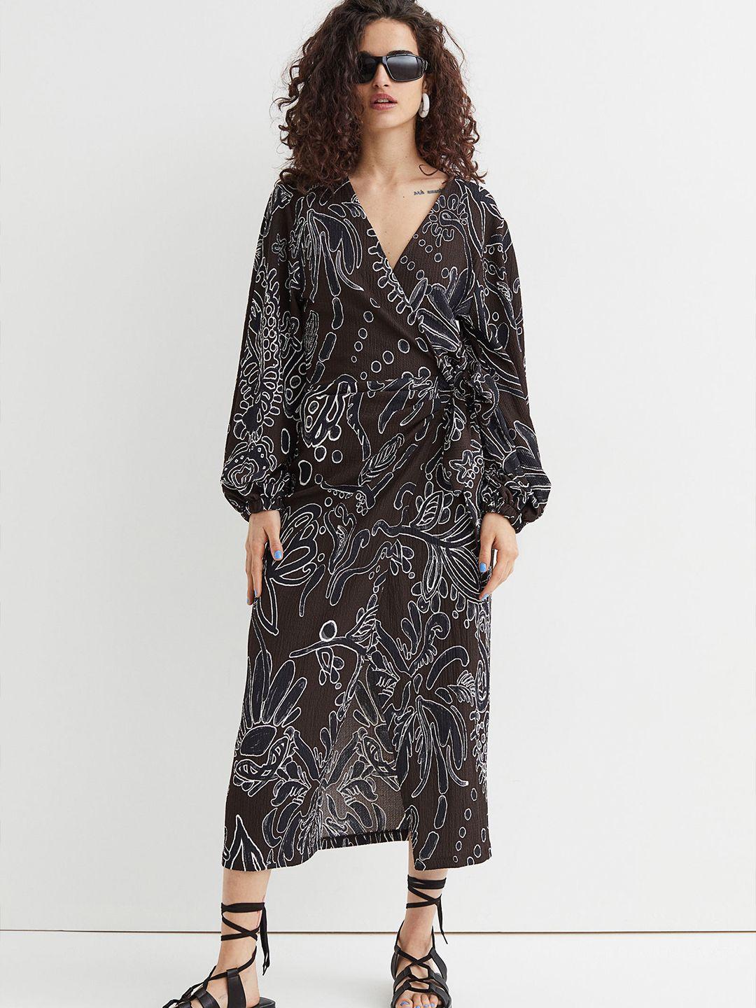 h&m brown patterned wrap dress