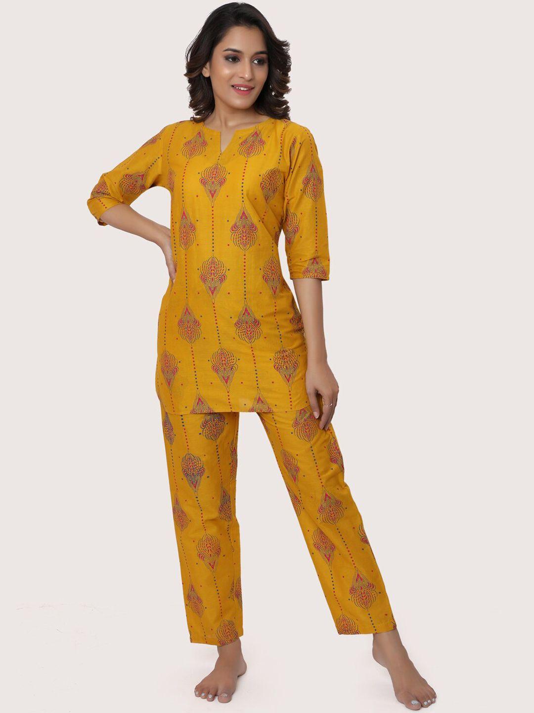 zri women mustard & pink printed pure cotton night suit