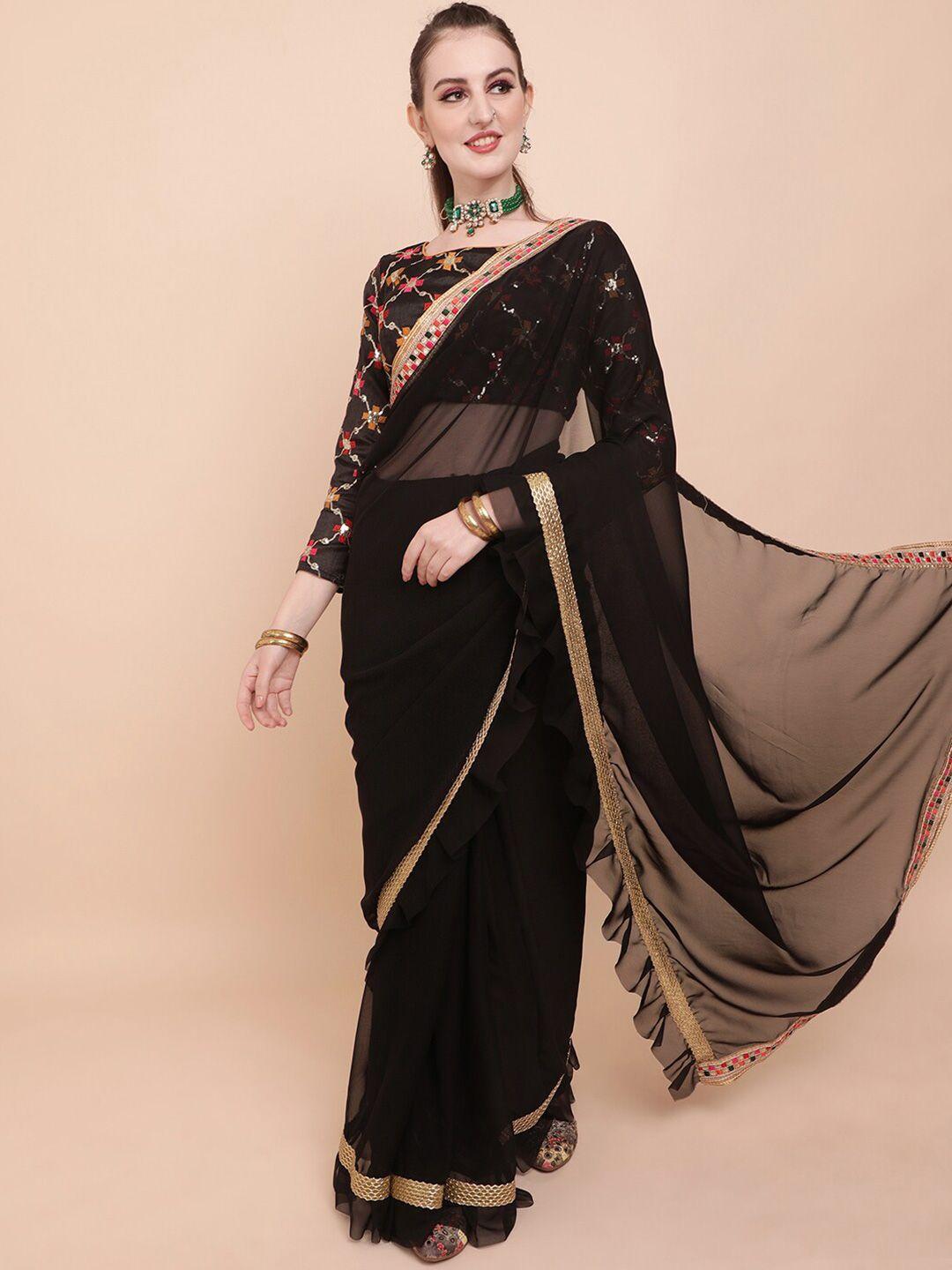 sangria black & gold-toned kutchi embroidery pure georgette saree