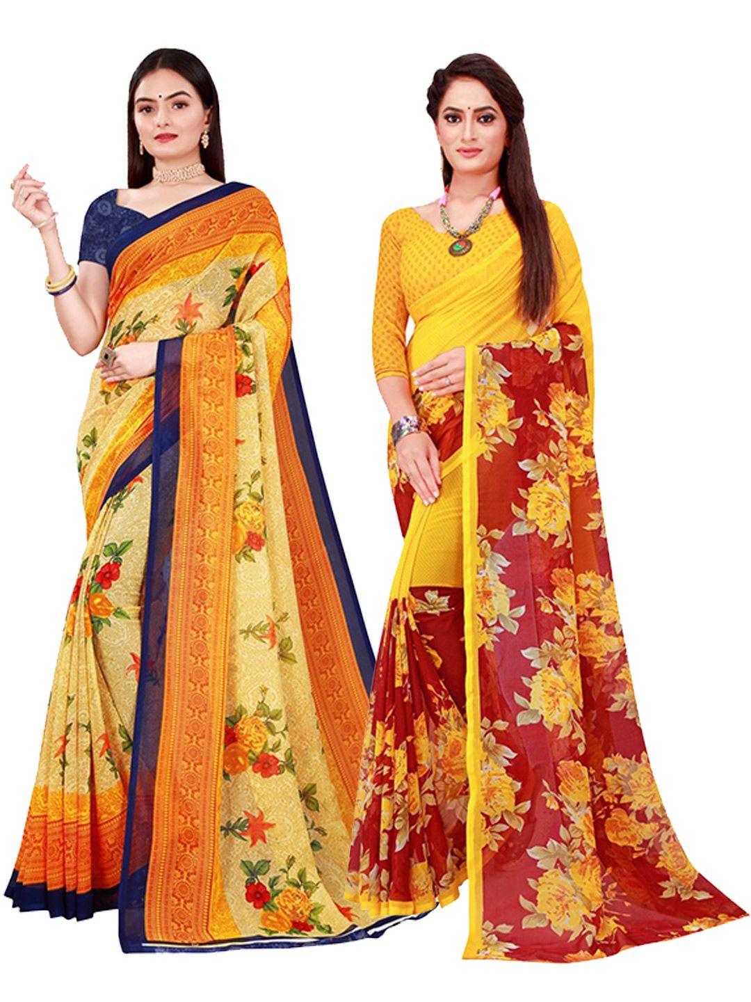 saadhvi beige & yellow printed pure georgette saree pack of 2