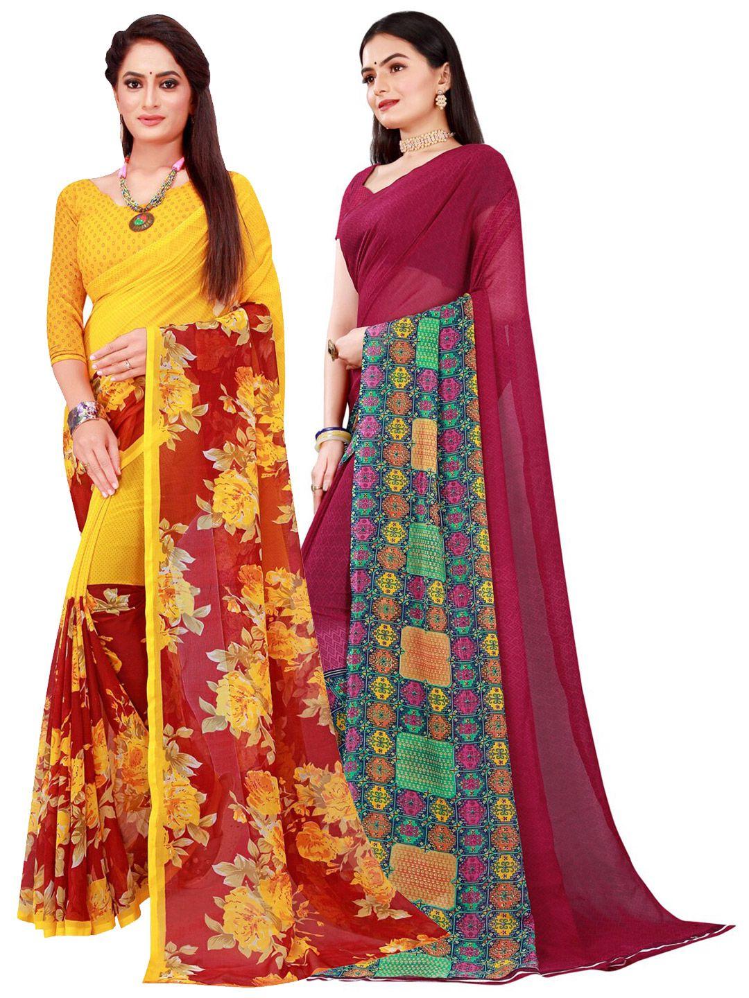 saadhvi pack of 2 maroon & yellow floral pure georgette sarees