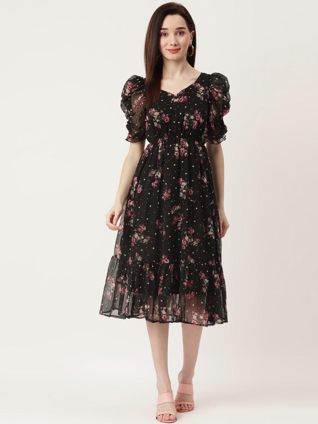 wisstler black & pink floral puff sleeves georgette midi dress