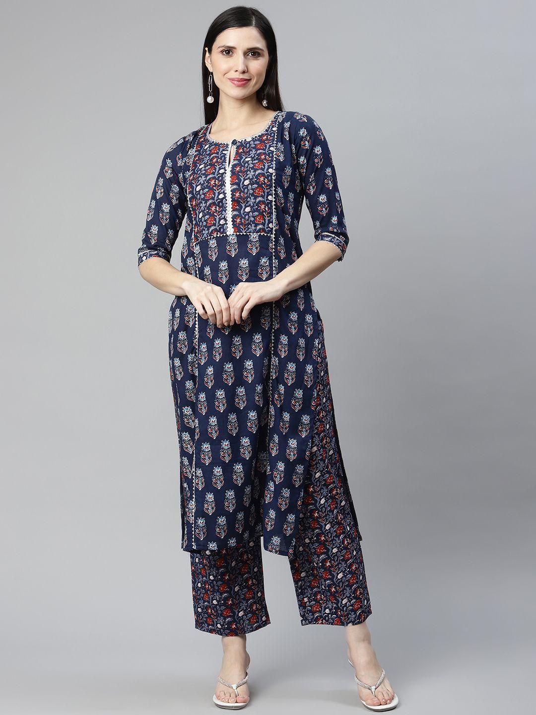 silver stock navy blue ethnic motifs printed kurta with palazzos