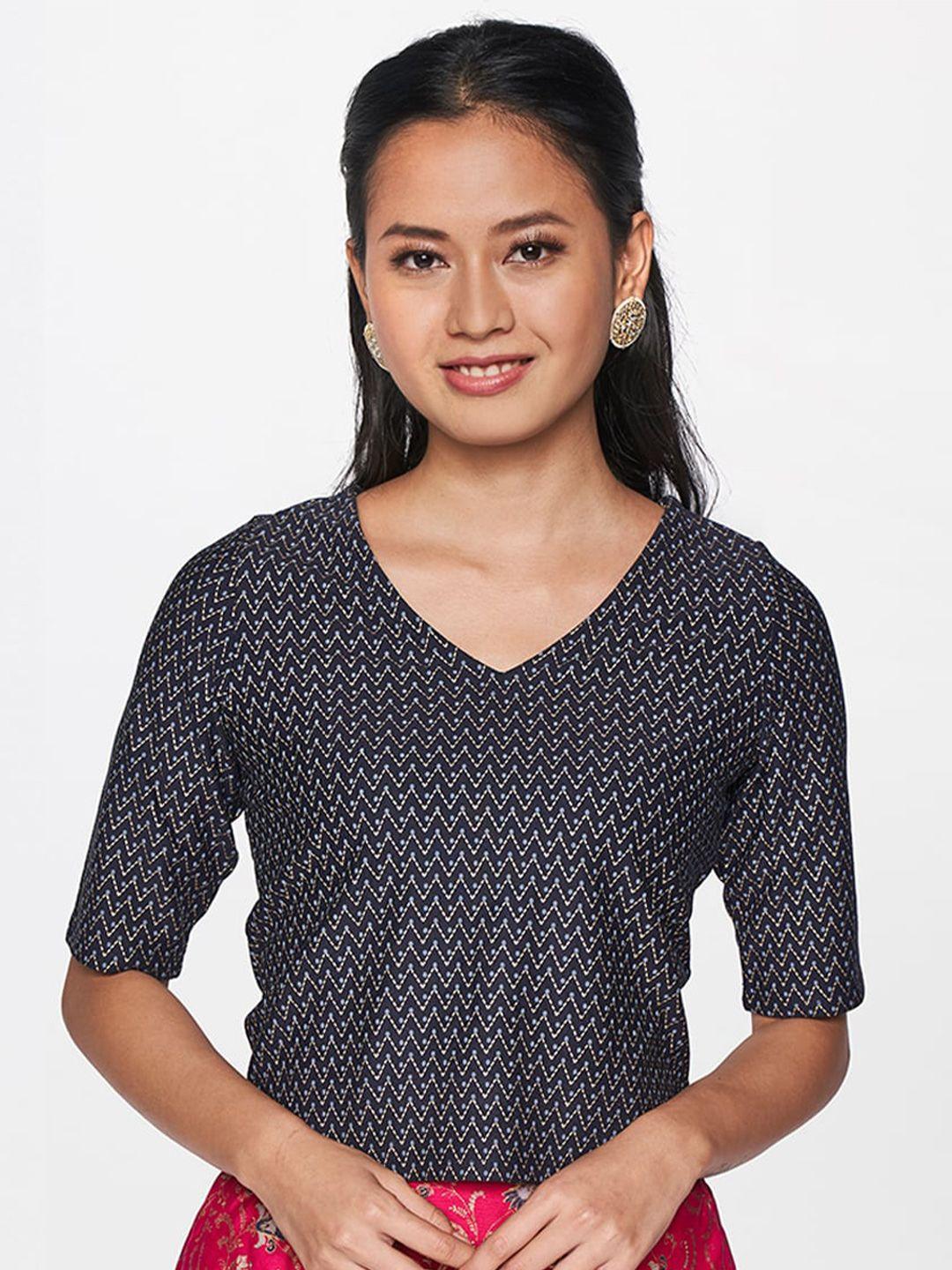 global desi black & orange geometric print top