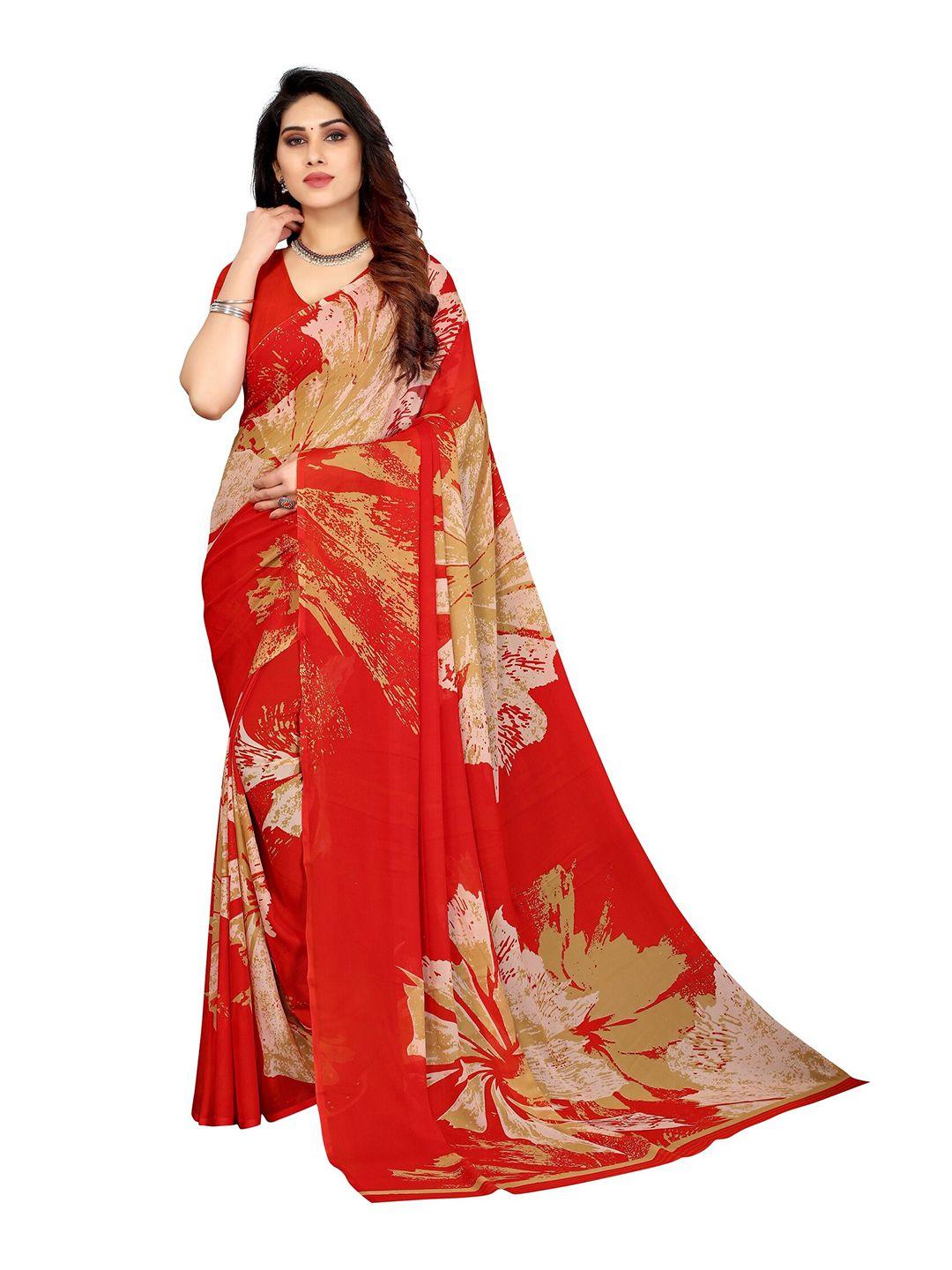 yashika red & beige floral printed poly georgette saree