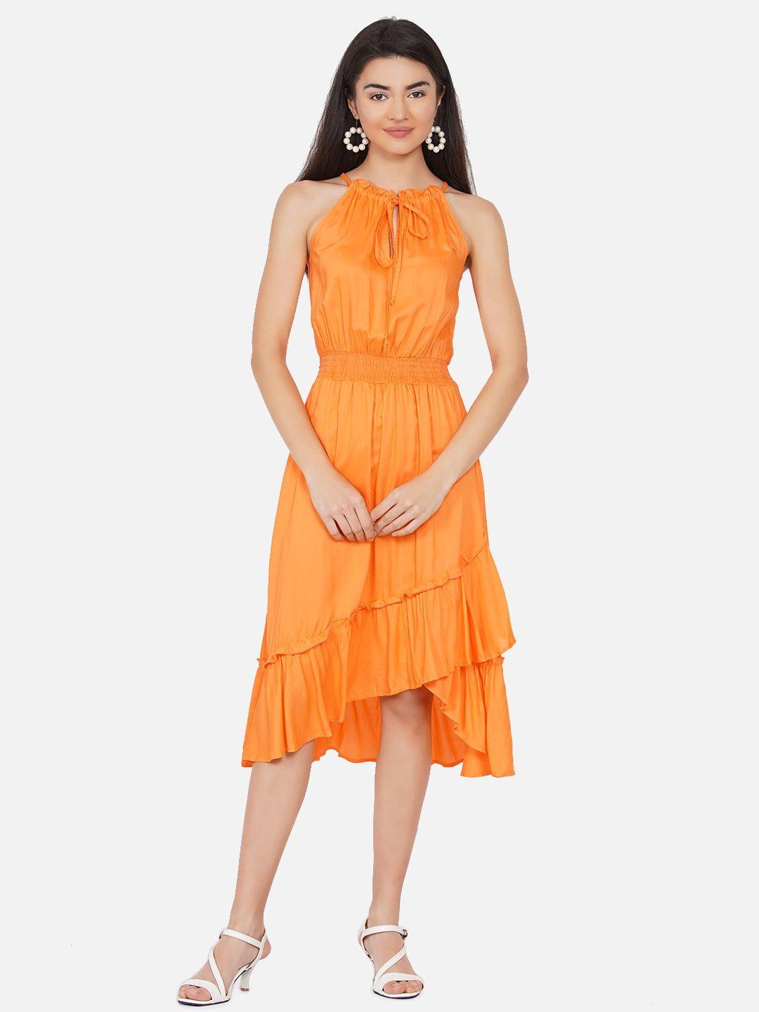 diva walk exclusive orange halter neck crepe tulip dress