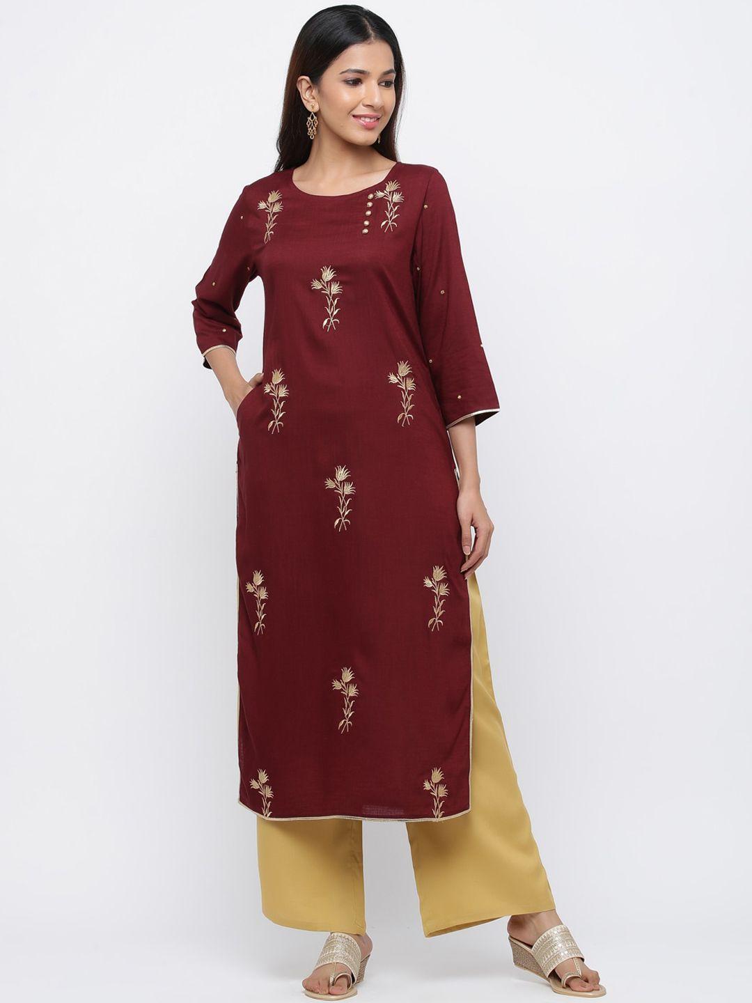 jaipur kurti women burgundy floral embroidered layered kurti with palazzos