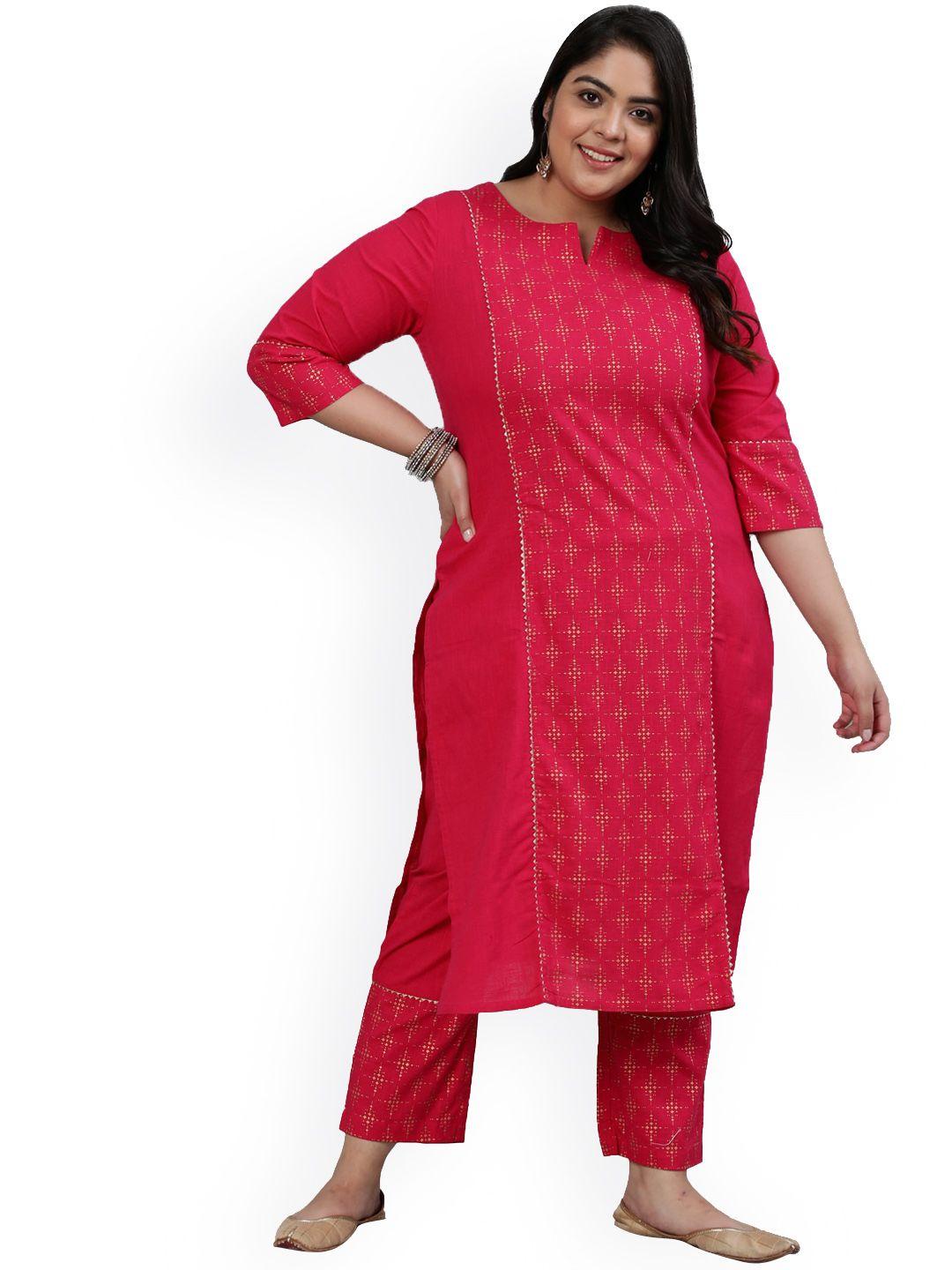 jaipur kurti women plus size pink ethnic motifs printed panelled kurta with trousers