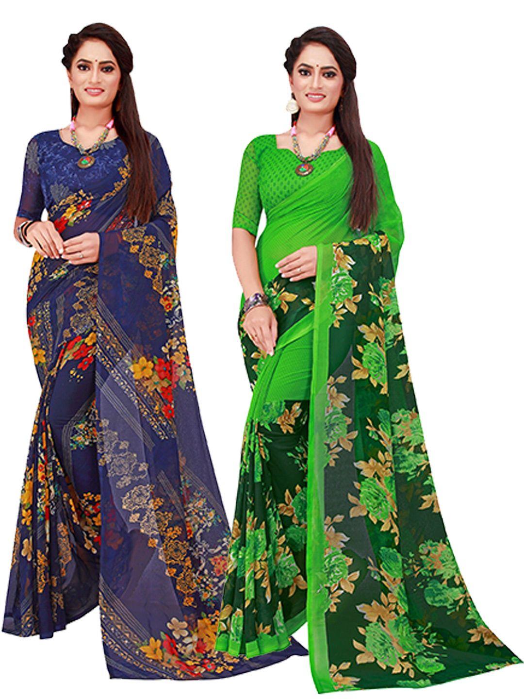 florence navy blue & green geometric print pack of 2 pure georgette saree