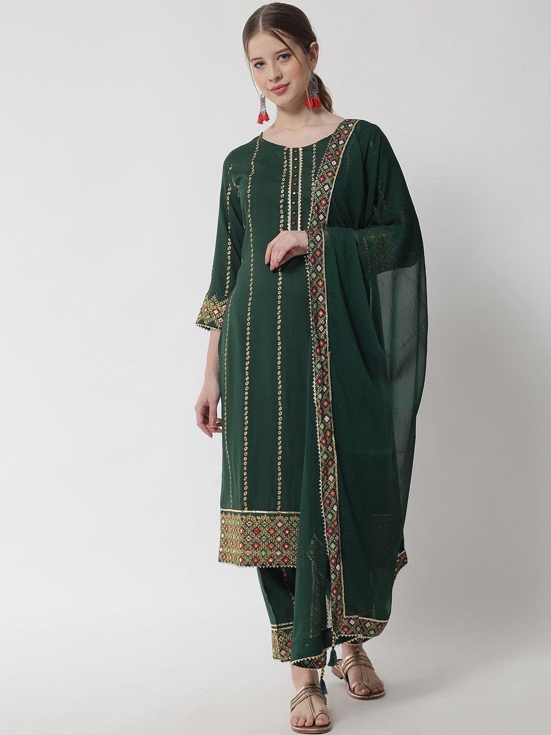 ikdaiya women green ethnic motifs embroidered panelled kurta with trousers & with dupatta