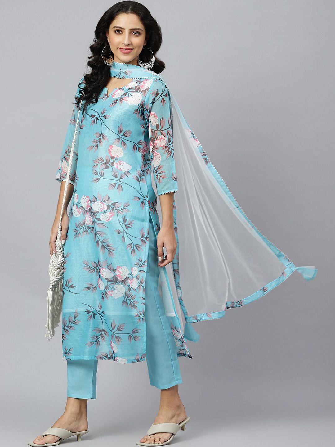 kalini women blue floral printed kurta with trousers & with dupatta