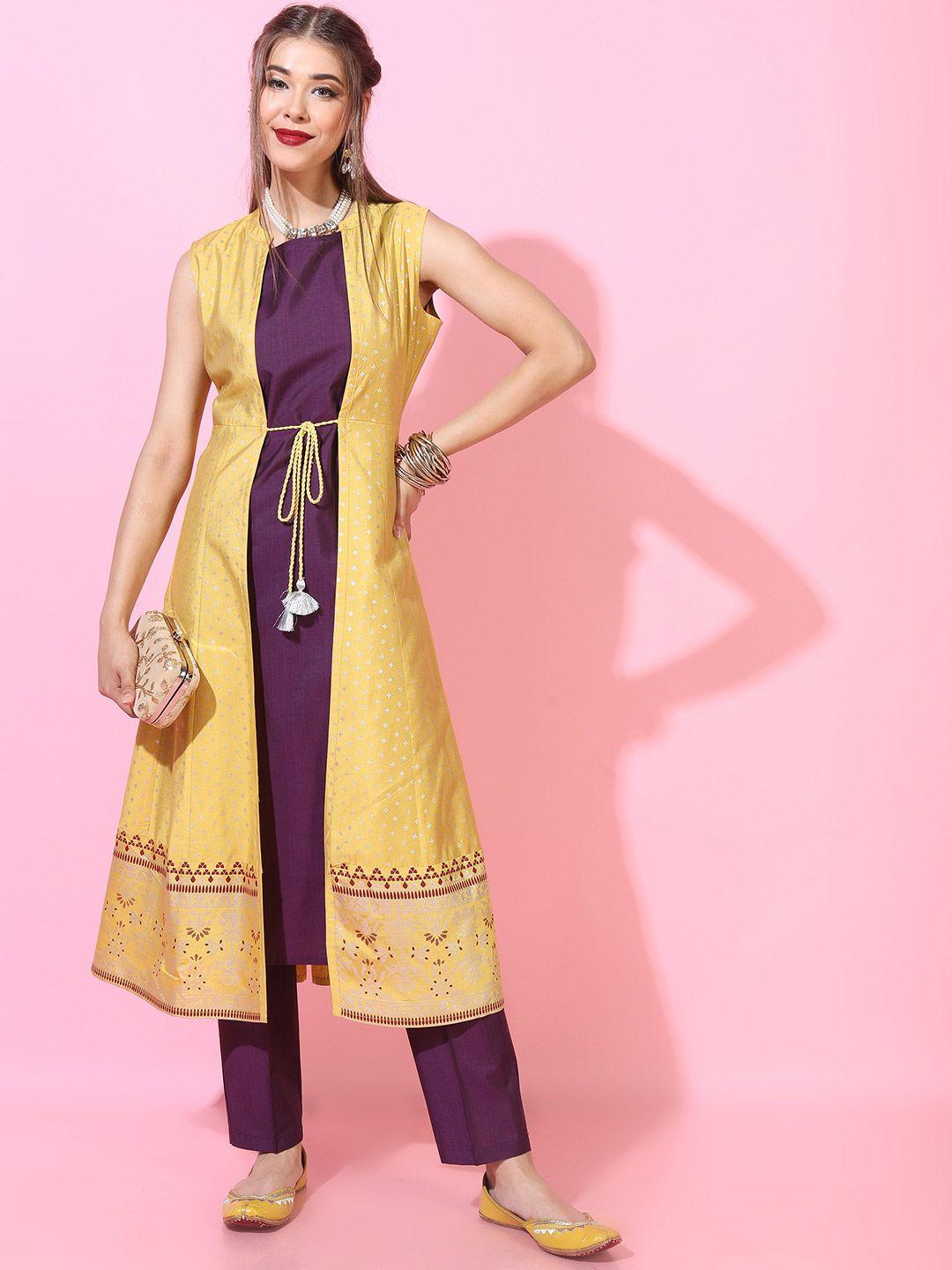 vishudh women solid kurta with palazzo & jacket