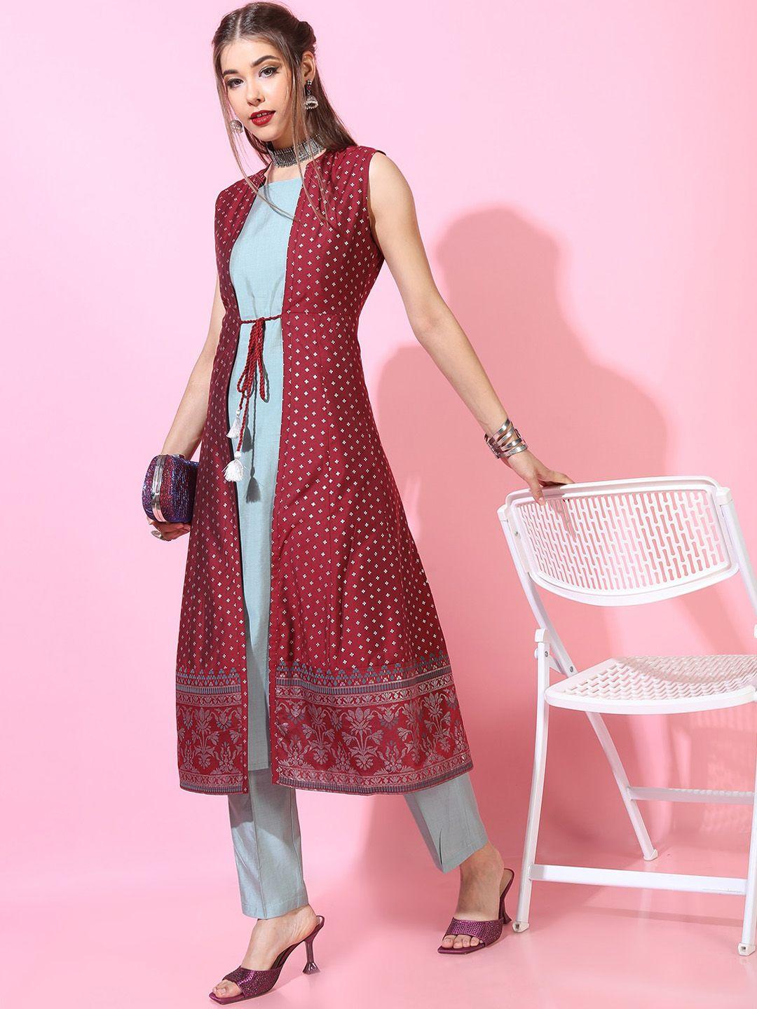 vishudh women red solid kurta with palazzo & jacket