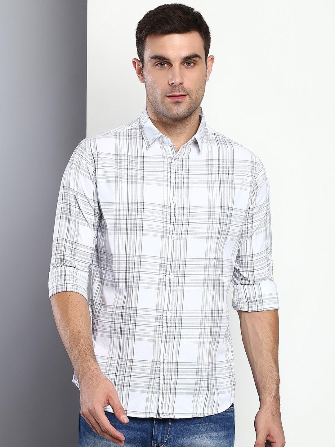 dennis lingo men white slim fit tartan checks checked casual shirt