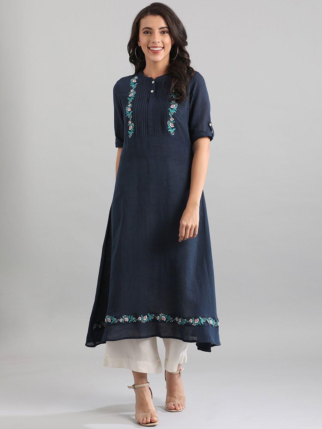 aurelia women blue solid thread work a-line  kurta