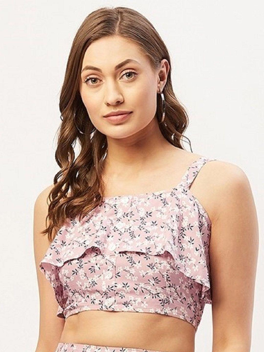 anvi be yourself pink floral print layered smocked crop top