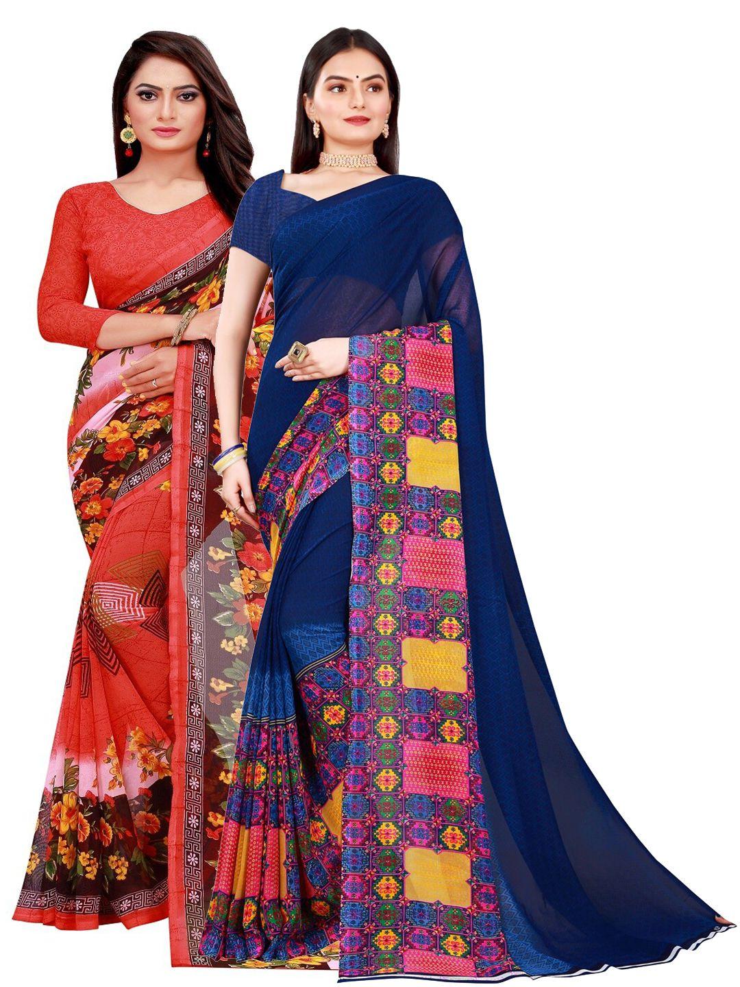 saadhvi pack of 2 peach-coloured & navy blue pure georgette saree