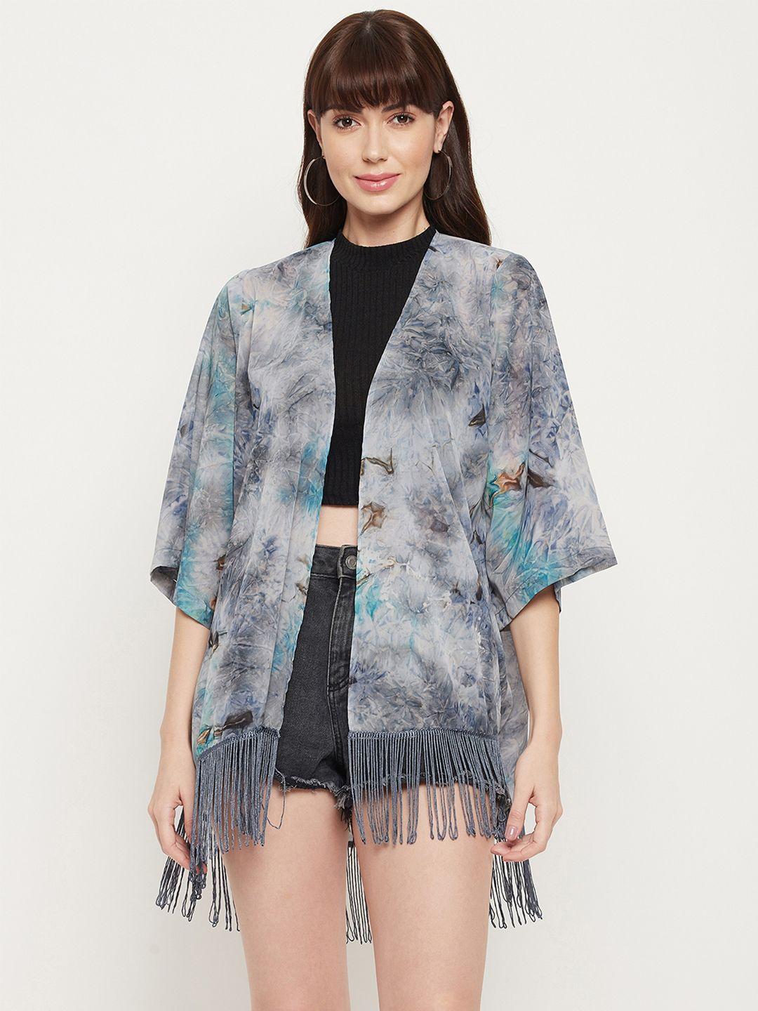 purys women grey & blue printed tasselled shrug