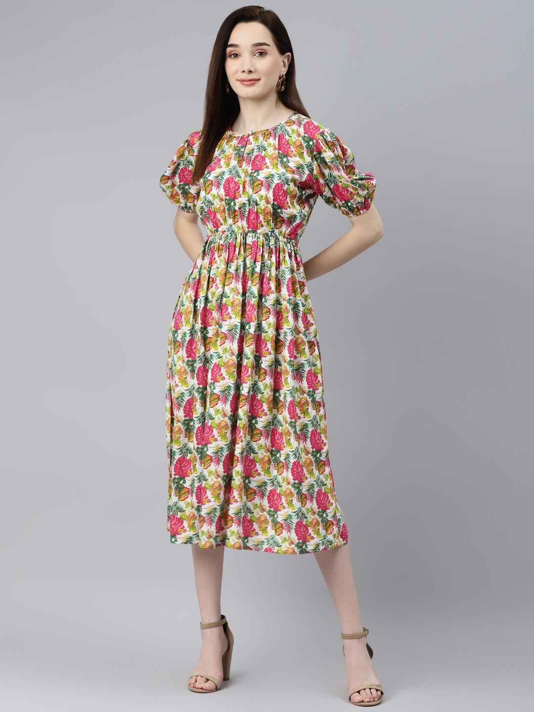 indibelle pink & green tropical puff sleeves midi dress