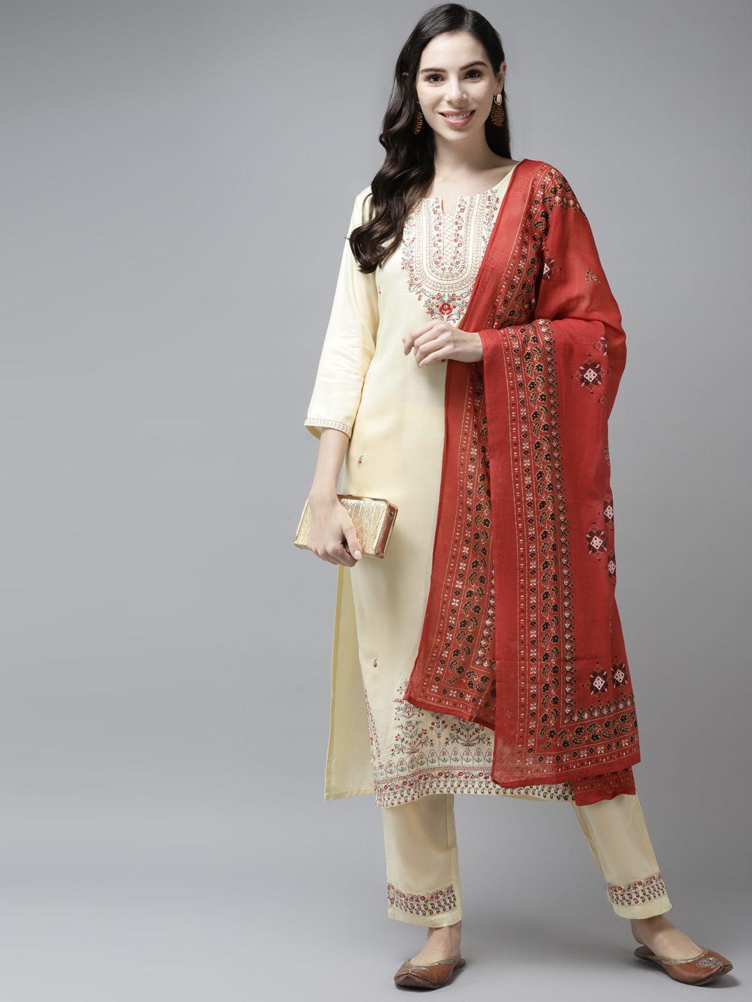 yufta women cream-coloured floral yoke design thread work kurta with palazzos & with dupatta