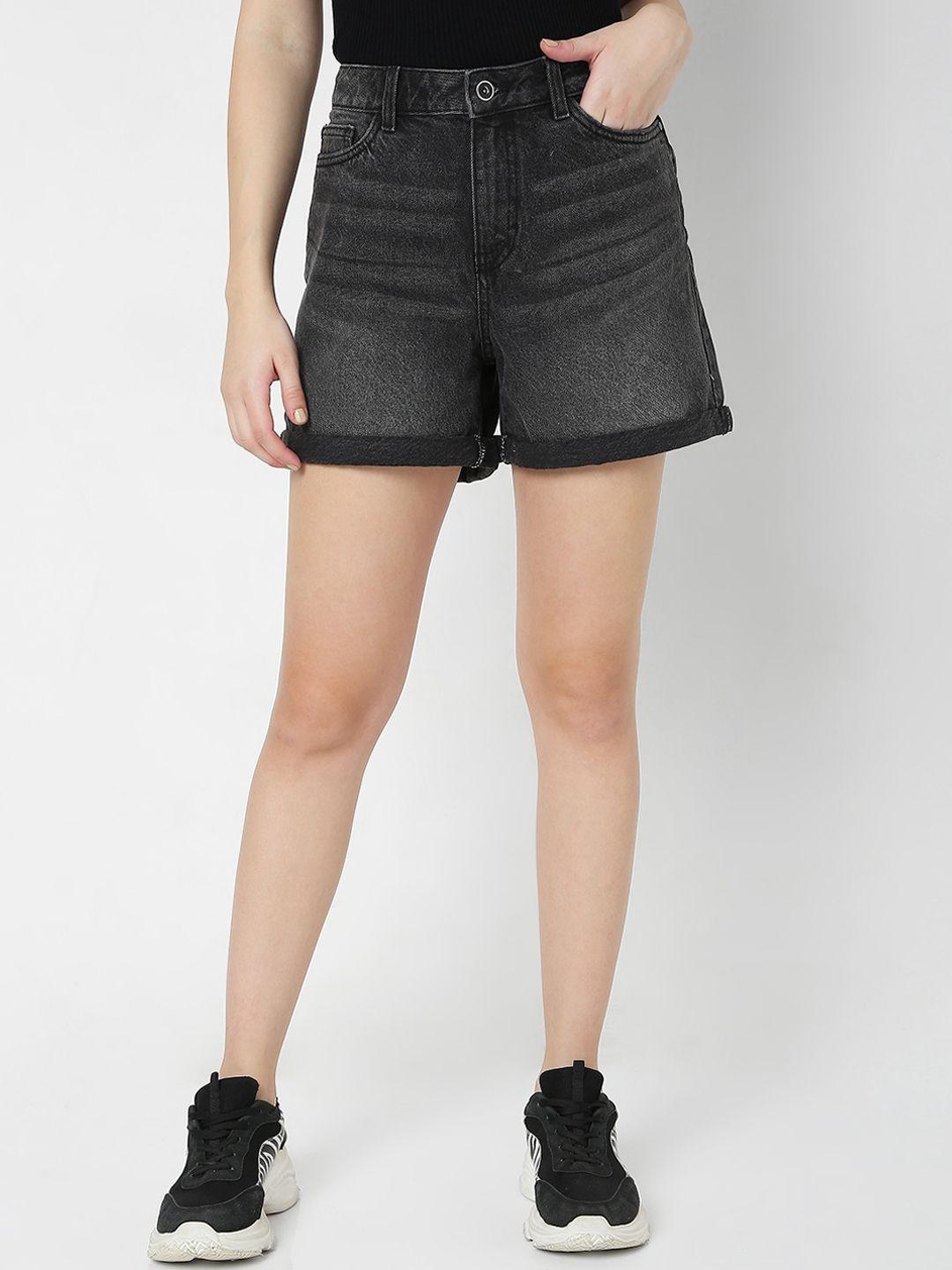 vero moda women grey washed high-rise denim shorts