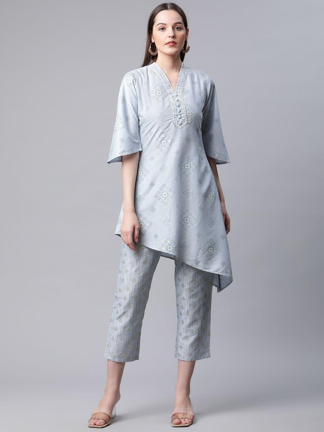 v tradition women blue ethnic motifs printed gotta patti kurta with trousers