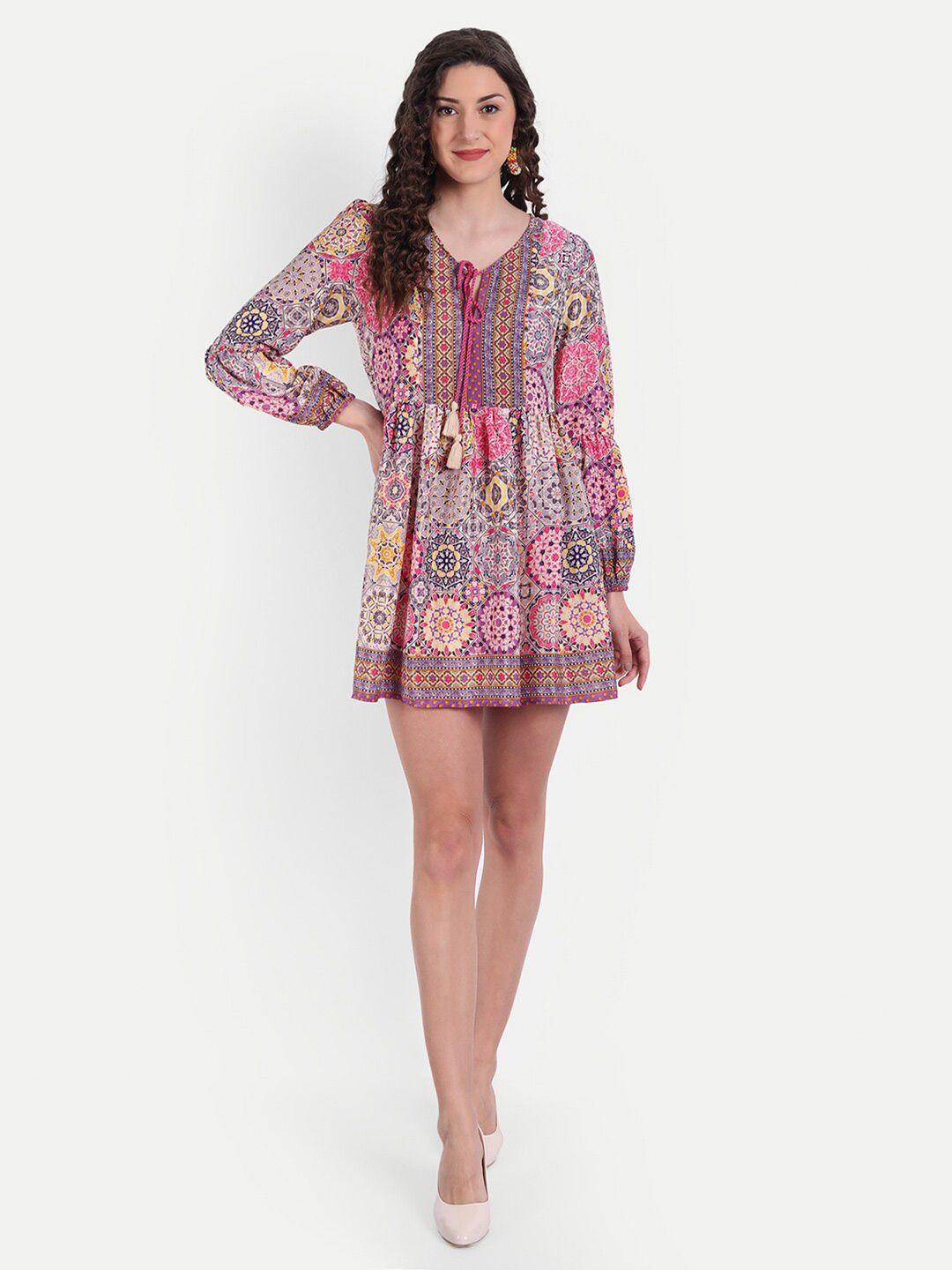 minglay pink & yellow tribal tie-up neck crepe mini dress