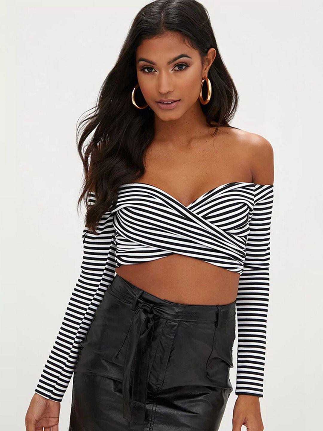 bostreet white & black striped off-shoulder twisted bardot crop top