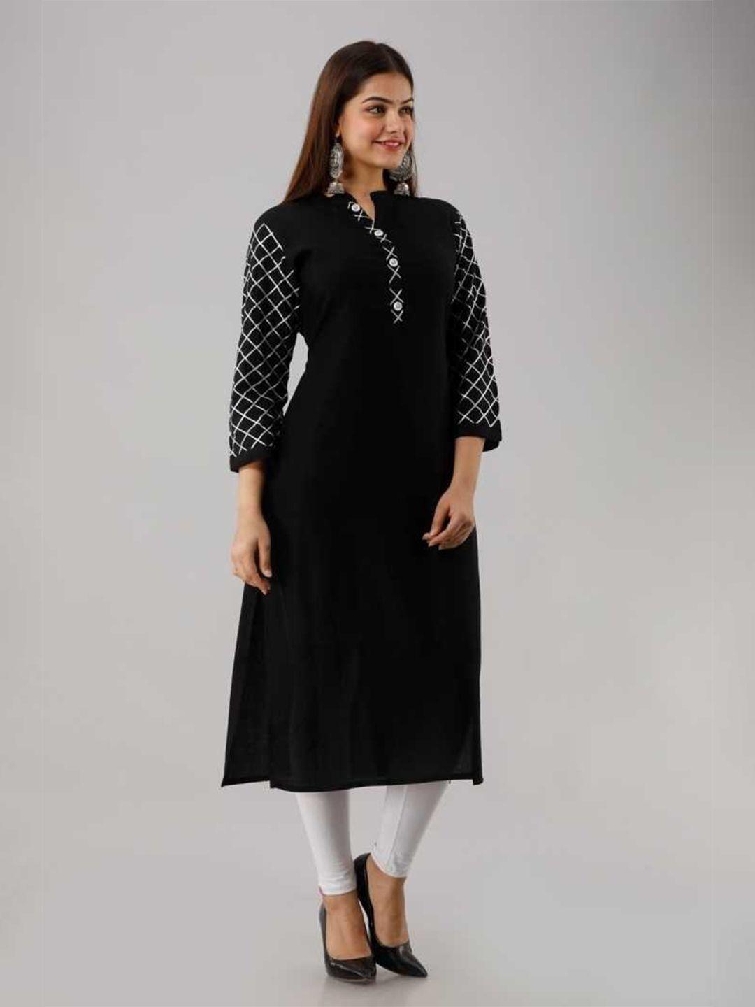 sky shoppie women black solid mandarin collar gotta patti cotton slub straight kurta