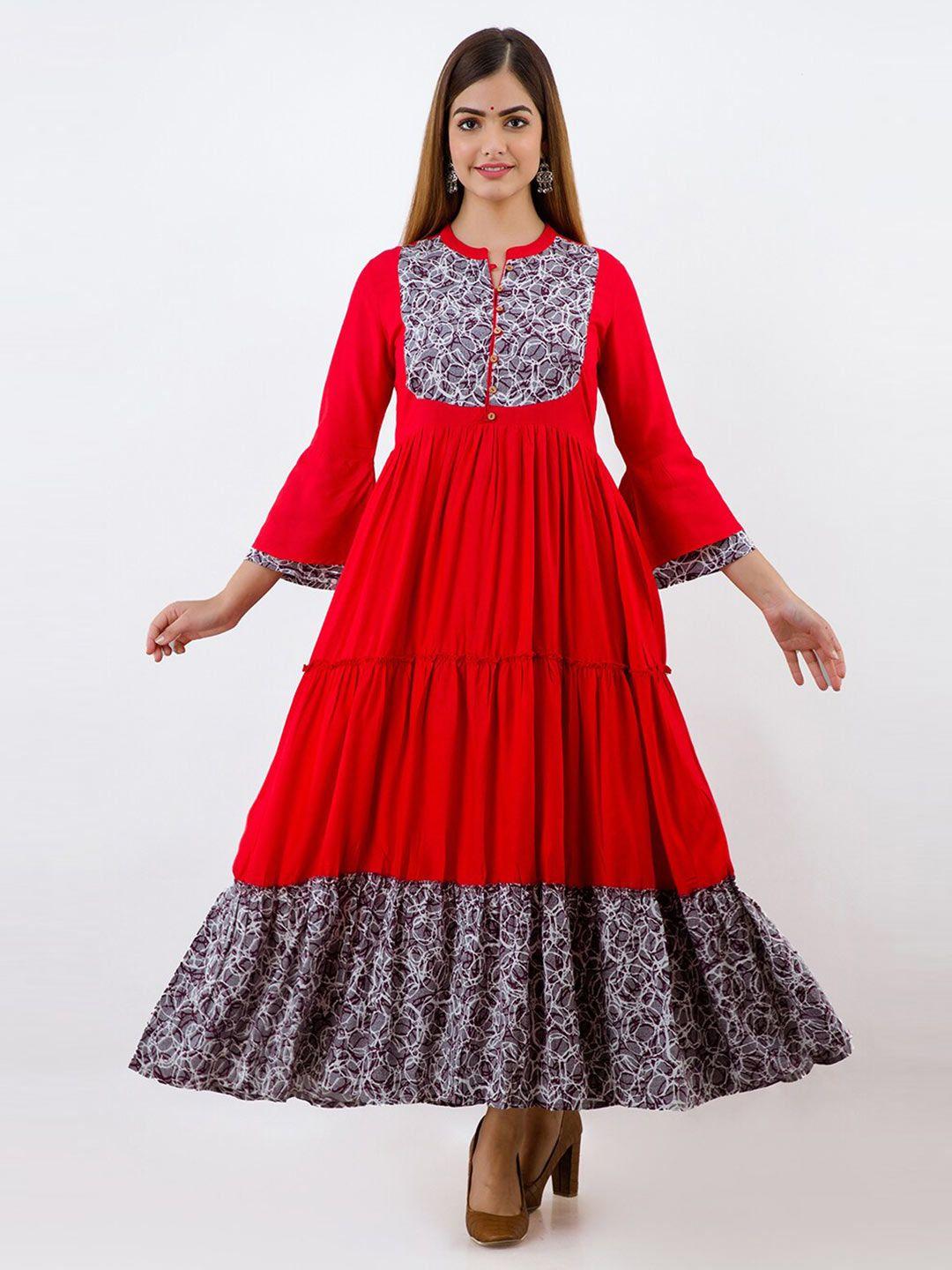 sky shoppie women red & white geometric yoke design anarkali kurta