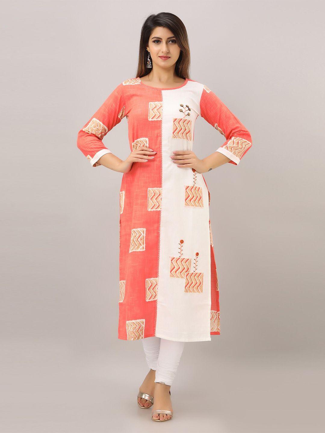 sky shoppie women white & peach-coloured geometric printed kurta