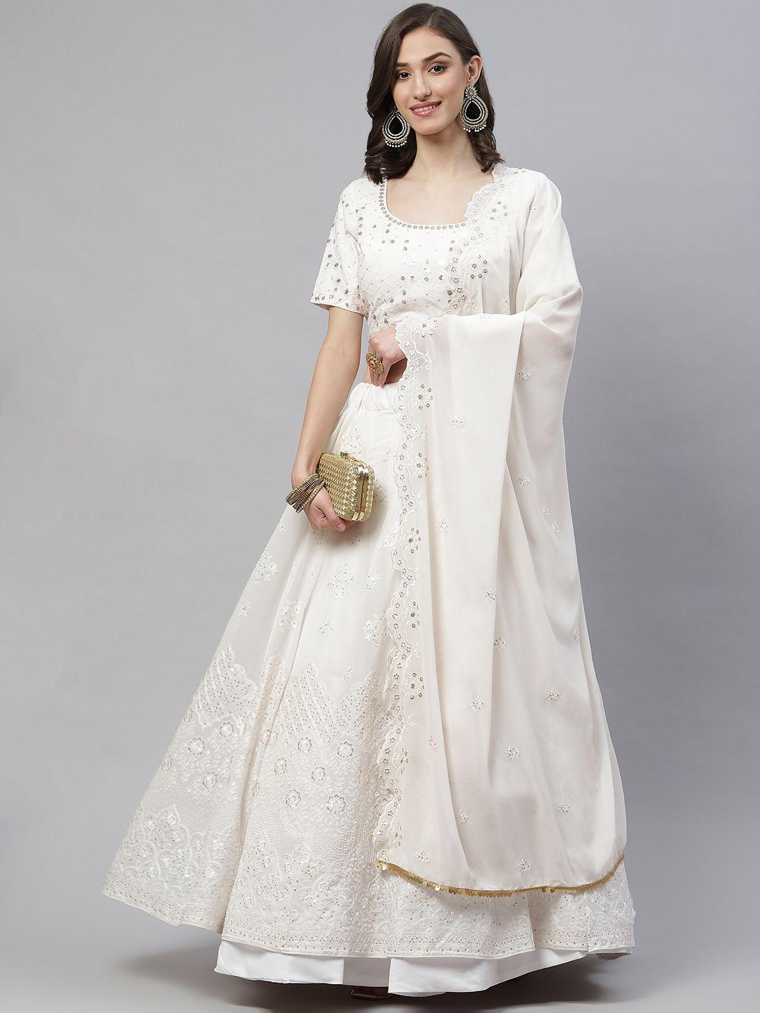 shubhkala white embroidered sequinned semi-stitched lehenga & blouse with dupatta